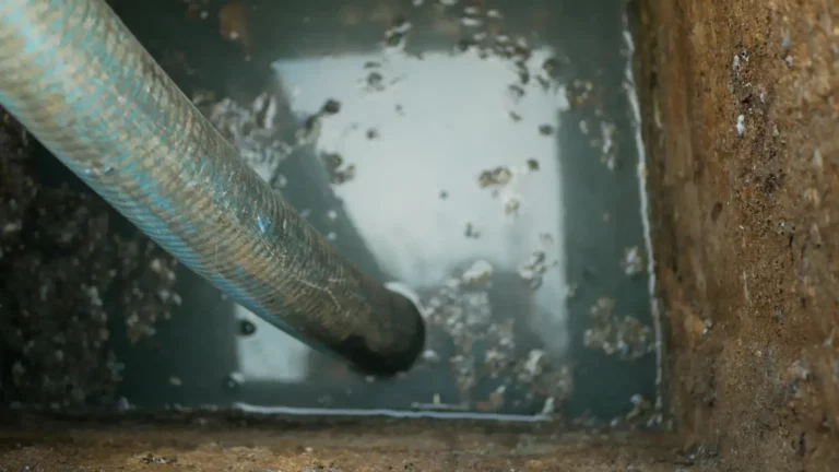 Sewage Cleanup Cesspool septic emptying pumping into pipe tank by suction hose under high pressure. The sump contains pollution sludge sewage water black wastewater and faeces plus excrements