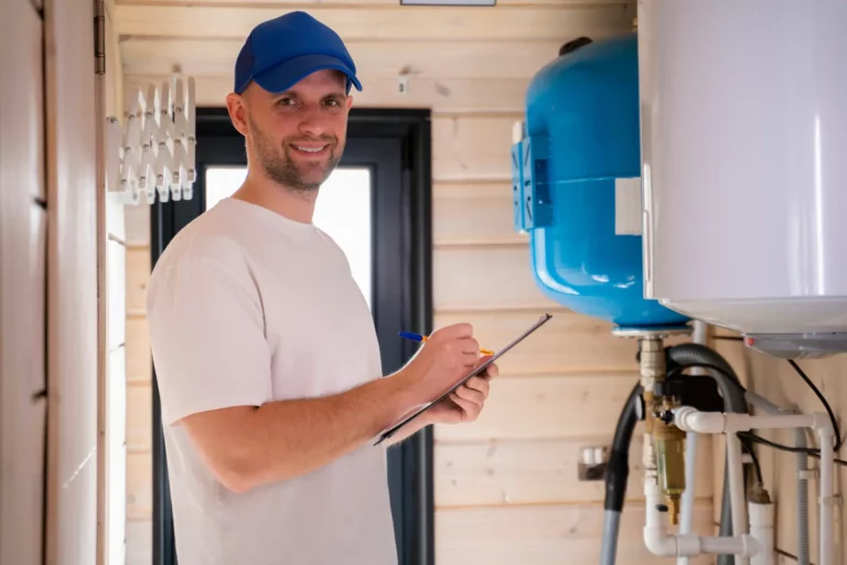 plumber inspecting boiler. Risks in Sewage Cleanup