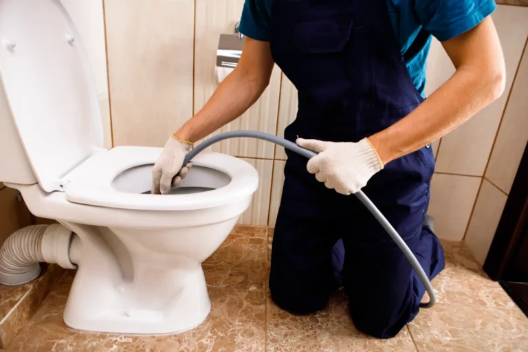 Successful Home Sewage Cleanup plumber unclogging blocked toilet with hydro jetting home bathroom